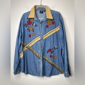 VTG Quizz Again Shirt Womens L Embroidered Denim Long Sleeve Teacher Cowgirl